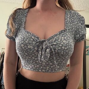 Love Tree Blue Floral Tie-Front Crop Top